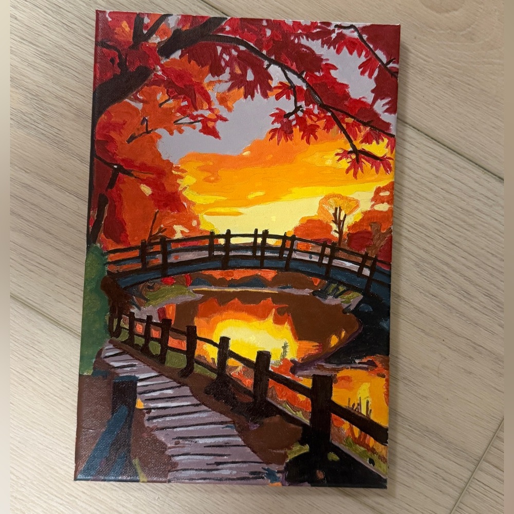 Autumn Bridge Canvas Art Print - Vibrant Red & Orange Landscape